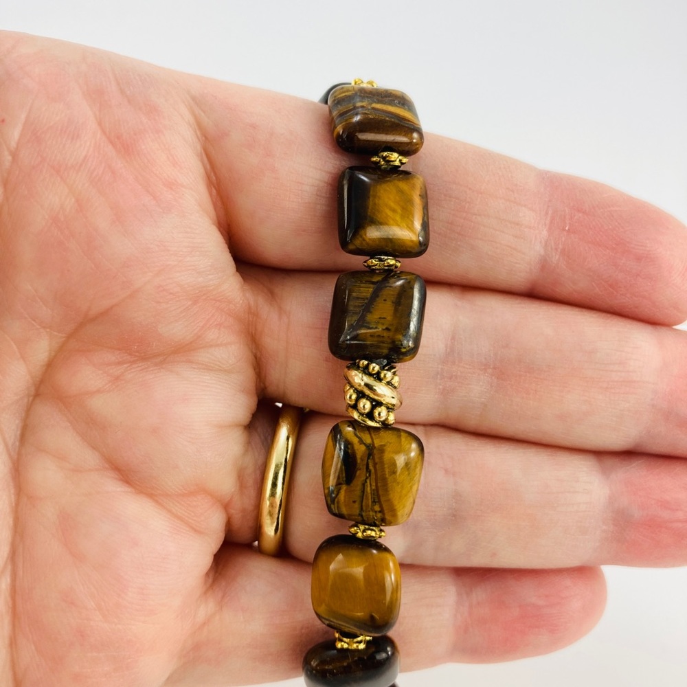 Hamsa Tiger's Eye Stretch Bracelet, Handmade, Antique Gold - Picture 6 of 9